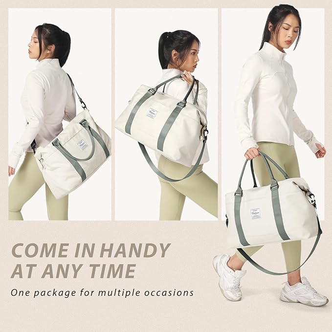 Travel Duffel Bags for Women Mens Waterproof Weekender Carry on Bag Sports Gym Bag Travel Tote Bags with Wet Pocket Overnight Bag Workout Duffel Bags with Trolley Sleeve Beige with Green