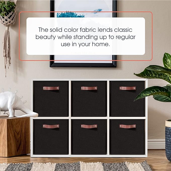 Ornavo Home 13 x 13 Storage Cube Bins, Foldable Collapsible Fabric Storage Bins Box Linen Shelf Basket Cube Organizer for Closet with Leather Handles, 6 Pack, Black