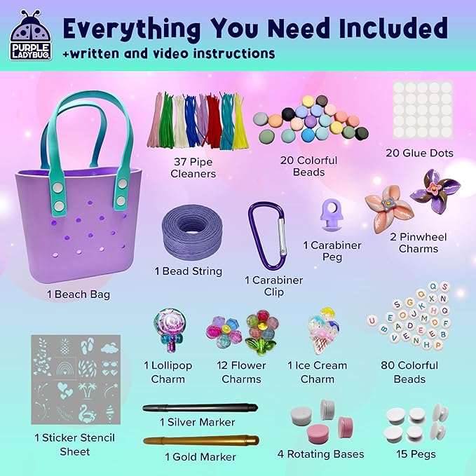 PURPLE LADYBUG Decorate Your Own Beach Tote Bag Tropical Fun- Themed Purple Rubber Beach Bag, Fun Girl Crafts for Girls Ages 6-8 Birthday Gift idea, Summer Travel Tote (Medium)