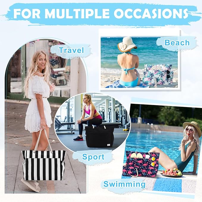 Kasqo Beach Bags for Women, Large Waterproof Beach Bag Tote Zipper Swim Pool Bag with Small Pouch for Grocery Travel Vacation