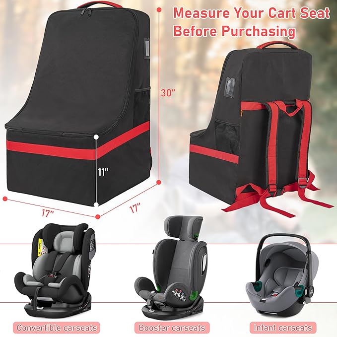Padded Car Seat Travel Bag for Airplane, Heavy Duty Car Seat Bag for Air Travel Gate Check Carseat Carrier Bag with Shoulder Strap, Fits Most Baby & Infant Car Seats (Black Red)