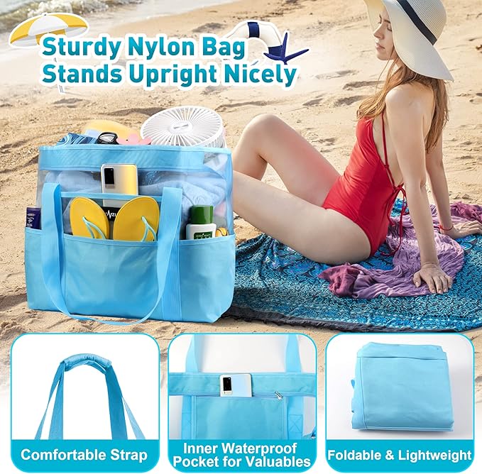 Mesh Beach Bag - Large Waterproof Beach Tote Bag with Zipper, Oversized Foldable Lightweight Family Swim Bag Vacation