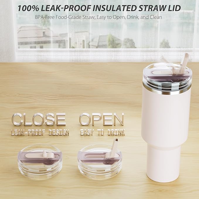 2 Pack Flip Straw Lid for Stanley 40 oz Quencher H2.0 & ProTour (Rose Quartz)