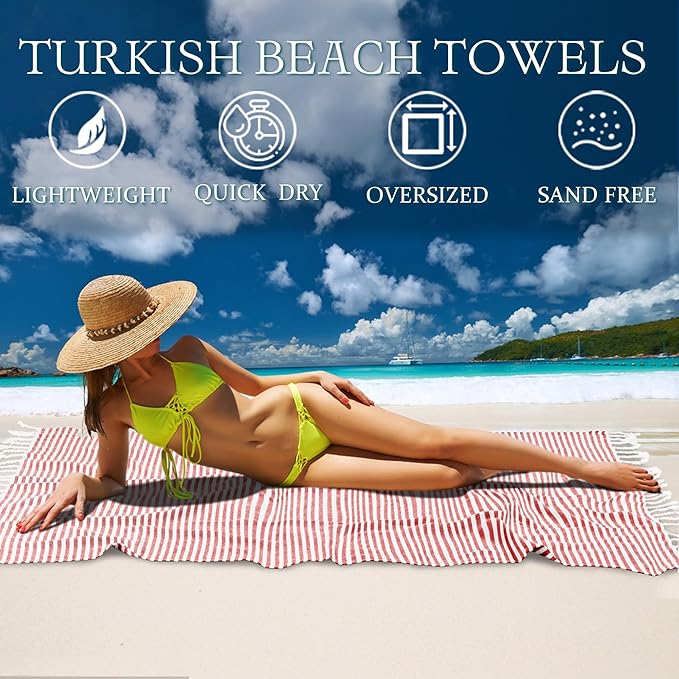Turkish Striped Beach Towels Bulk Oversized 39"x71" Large Bath and Pool Set Quick Dry Lightweight Travel Towel for Adult,100% Cotton TEBT-18-1red