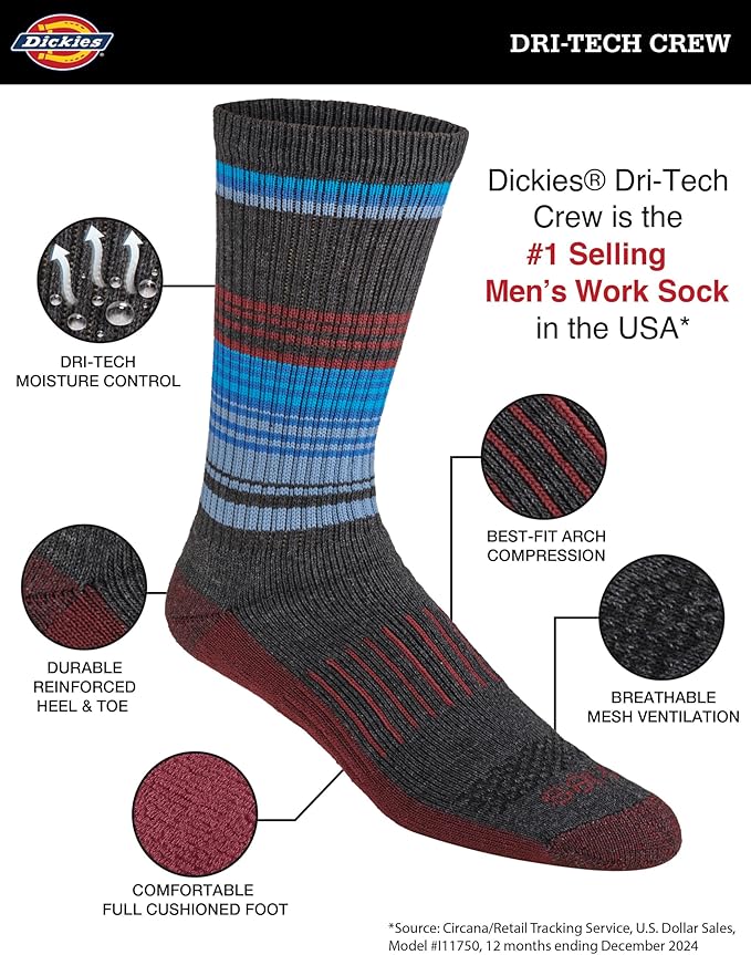 Dickies Men's Dri-Tech Original Moisture Control Crew Socks, Available in M-XXL (6, 12, 18 Pairs)