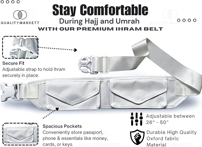 Premium Ahram Ihram Belt for Hajj & Umrah, Comfortable Pilgrim Waist Belt with Secure Zippered Pockets for Documents and Phones, Adjustable Waist Size (26’’-50’’) Inches, Anti Theft Double Lock Buckle