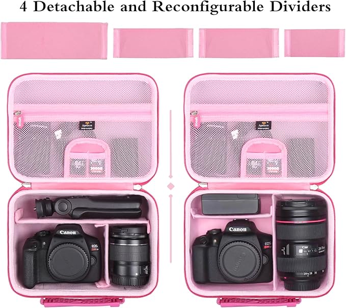 Aproca Camera Case for Canon EOS Rebel T7, R50, R6 Mark II, R100, R50 V, R8, T6, R10, SL3, R5 Mark II, 5D Mark IV, R7, 90D, R5, T100 Camera, Lens, Tripod with 4 DIY Dividers and a Shoulder Strap-Pink