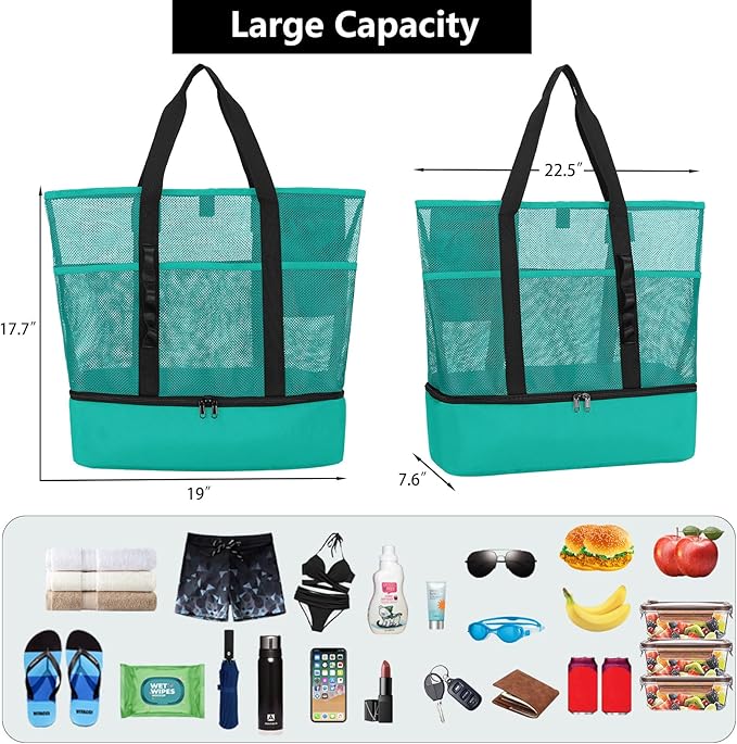 Beach Bag with Cooler,Mesh Beach Bags for Women Sandproof for Pool and Swimming Travel Daily with Durable 8 Pocket