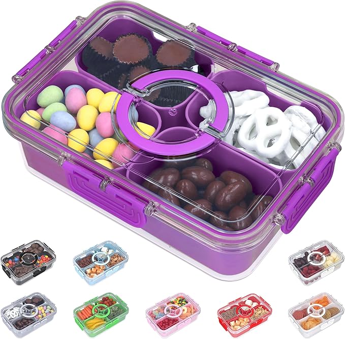 Snackle Box Container with Lid- Travel Charcuterie Box with Handle - Organizer for Candy, Fruit, Nuts, Veggies, Snacks, Beach Essentials, Portable Lunch Box (Purple, Small)