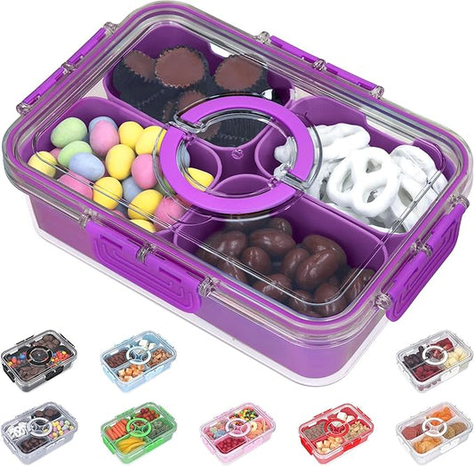 Snackle Box Container with Lid- Travel Charcuterie Box with Handle - Organizer for Candy, Fruit, Nuts, Veggies, Snacks, Beach Essentials, Portable Lunch Box (Purple, Small)