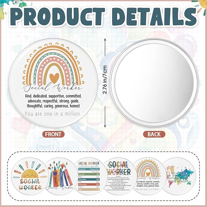 24 Sets Social Worker Gifts Bulk for Women Canvas Cosmetic Bags Makeup Bags and Compact Mirrors Social Worker Appreciation Gifts for MSW LCSW Home Office Decoration