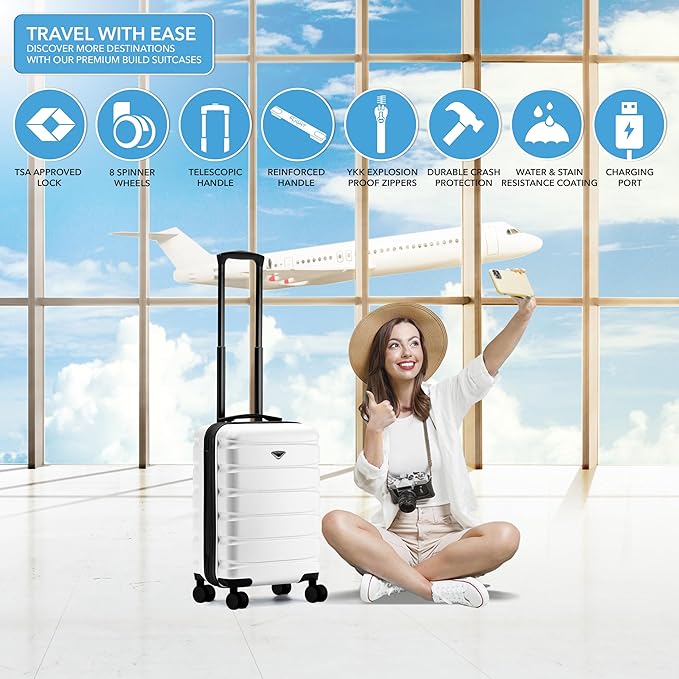 Flight Knight 21.5x15.5x9 Expandable Carry On Suitcase Hardside TSA Lock & USB C Port Lightweight Luggage Silent Double Spinner Wheels Maximum Canada Air Overhead Bag Airlines Approved White