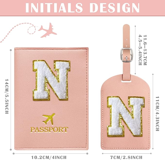 COSHAYSOO Passport Cover and Luggage Tag Set with Her Initial Chenille Letter Patch, Trending Traveling Bag Backpack Suitcase Identifier Birthday Gifts for Women Girls Pink N