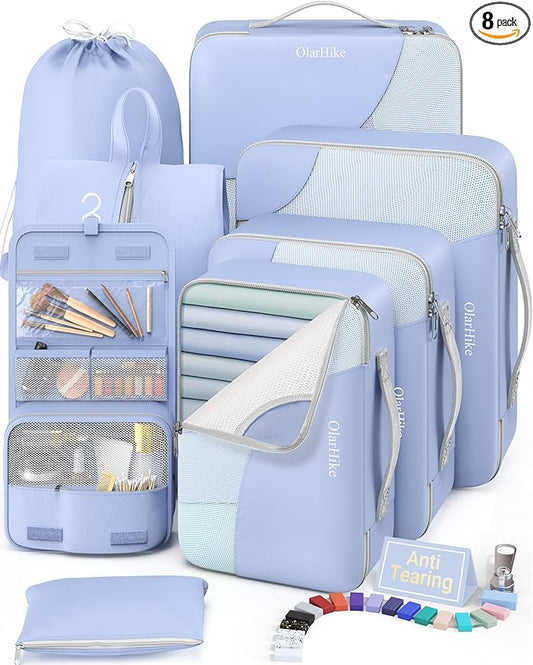 8 Set Packing Cubes for Travel, Gifts for Women Mom,Anti-Tearing Suitcase Organizer for Luggage with Shoe & Hanging Toiletry Bag,OlarHike Vacation Essentials & Accessories for Cruise Ship,Blue