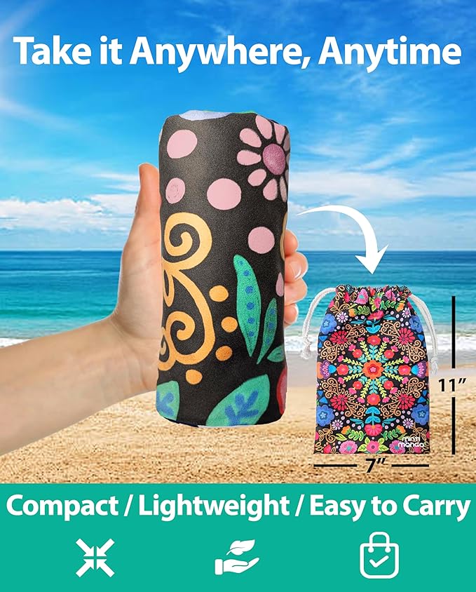 Microfiber Beach Towel Oversized 71X32" Thin, Lightweight, Quick Dry Towel, Sand Free, High Absorbent, Compact, Pool, Swim, Gym, Camping, Cruise, Picnic, Travel Towel, Beach Blanket, Carry Bag, Boho