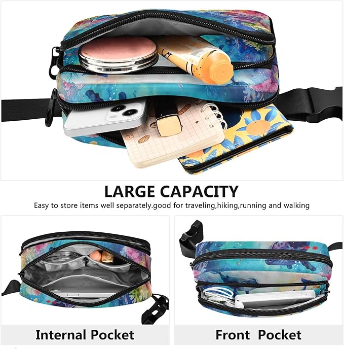 Watercolor Ocean Sea Whales Coral Fanny Pack for Women Men Water Resistant Fashion Waist Packs with Adjustable Strap Belt Bag for Travel Workout Jogging Hiking 21220600