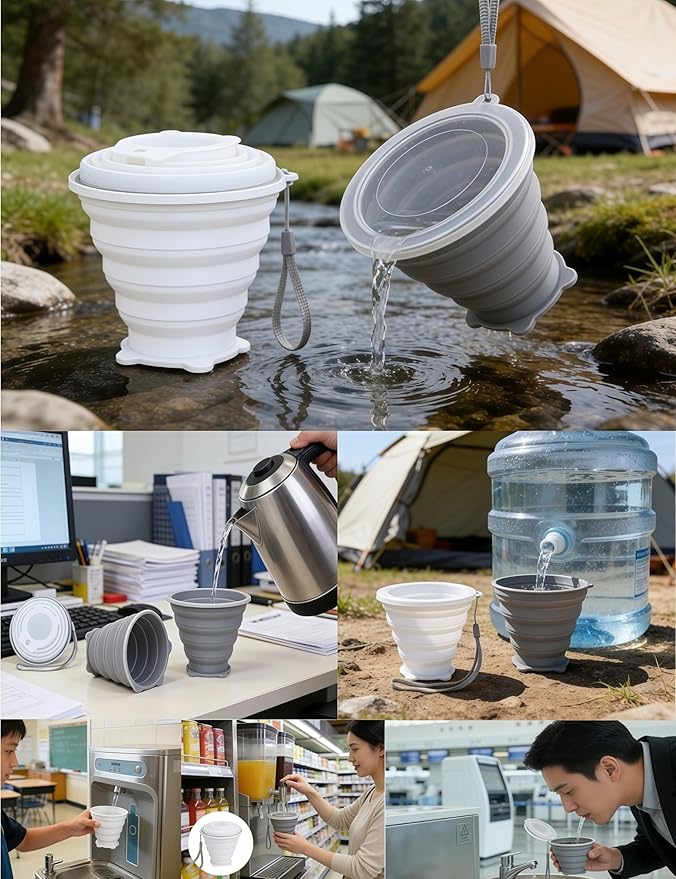 2 Pack Silicone Collapsible Cups, Small Reusable Drinking Cup Portable Cup with Lids for Camping/Travel/Outdoor Hiking