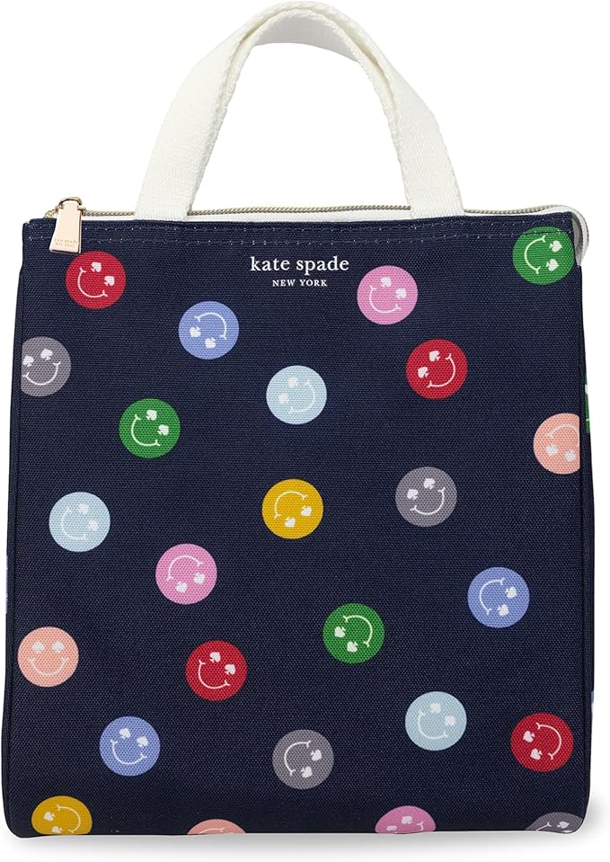 kate spade new york Cute Lunch Bag for Women, Large Capacity Adult Lunch Box with Silver Thermal Insulated Interior Lining and Storage Pocket (Spade Smiley)