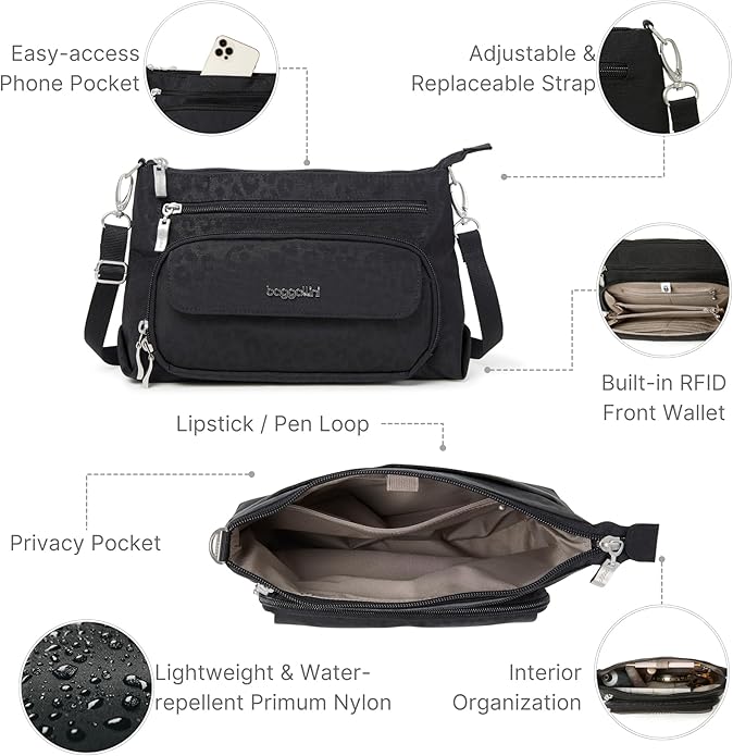 Baggallini Original Everyday 11x7.5 Crossbody Bags Rfid Protected Lightweight Nylon Zippered Travel Purse