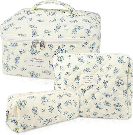 Makeup Bag Set, Quilted Makeup Bag, Large Floral Cosmetic Bag for Women, Cute Cotton Makeup Bags, Flower Travel Toiletry Organizer Bag (Blue Floer)