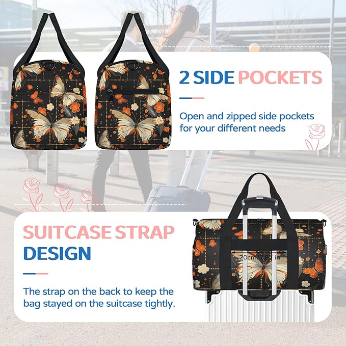Orange Butterflies Overnight Travel Bag Unisex Carry-On Size Tote Bag Suitable for Travel Duffle Gym Sports