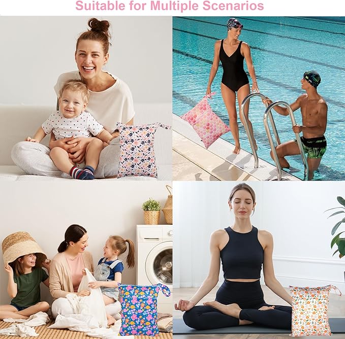 Wet Dry Bag Reusable Waterproof Swimming Bag Travel Beach Pool Yoga Gym Bag for Baby Cloth Diaper Swimsuits Wet Clothes Two Zipper Pockets 3 Pack Floral 3L09