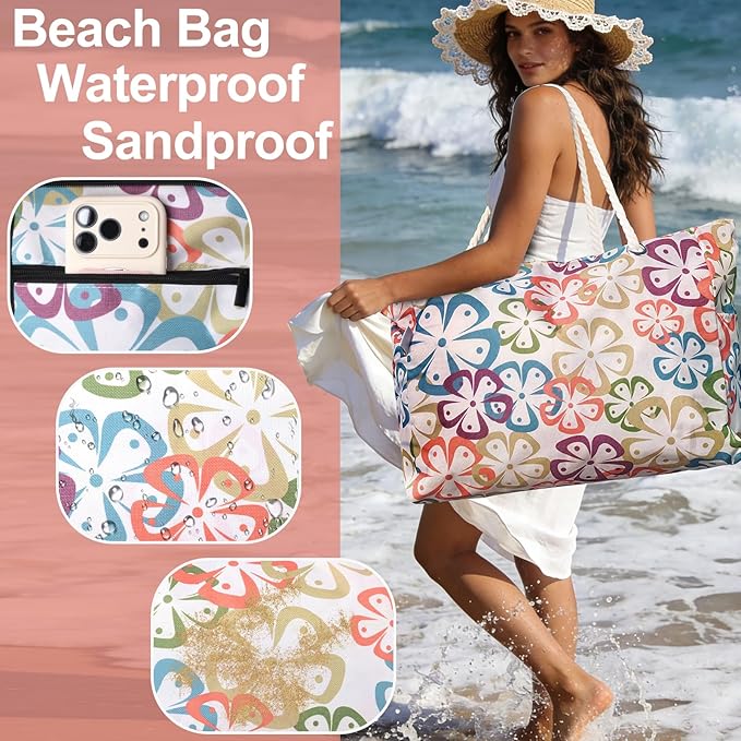 CaCTOUR Large Beach Bag Women,Beach Bags Waterproof Sandproof with Zipper Wet Pocket,Beach Tote Pool Bag for Swim Gym Travel
