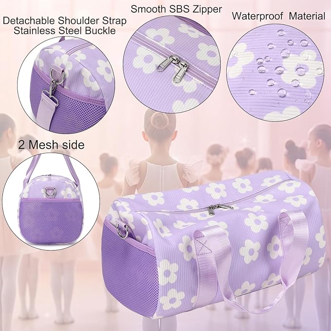 Dance Ballet Bag for Girls Purple Corduroy Dance Bag for Girls 4-6 Toddler Small Duffle Ballerina Bags with Waterproof Dry Wet Separated Compartment