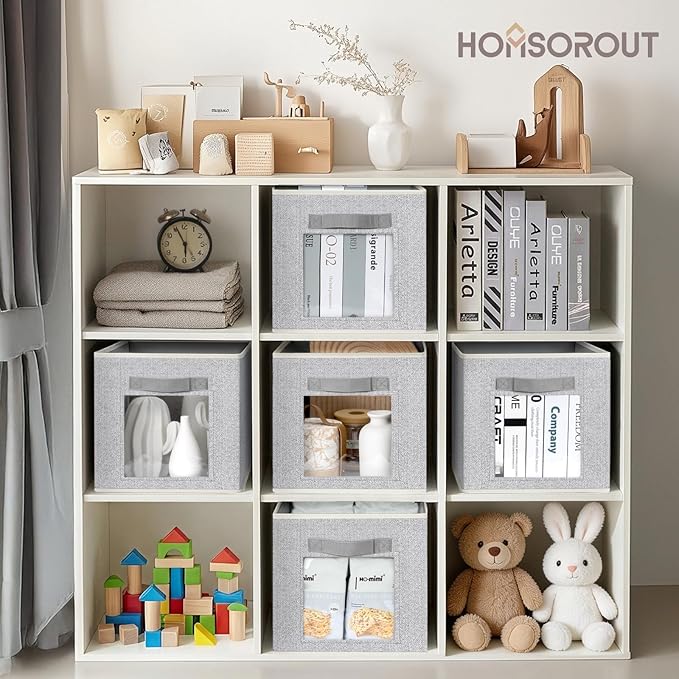Foldable Storage Cubes - Square Organizer with Window, Decorative Baskets for Organizing, Fabric shelf Basket for Clothes, 11 Inch Closet Storage Cubes, Set of 12, Light Grey