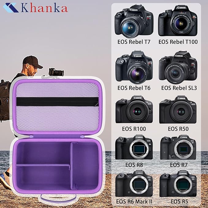 khanka Camera Case for Canon EOS Rebel T7/T100/T6/R50/R100/R5/R7/R8/R6 Mark II/SL3 DSLR Camera,Travel Protective Carrying Case for Canon EOS Rebel Camera and 18-55mm/18-45mm Lens(Purple Case Only)