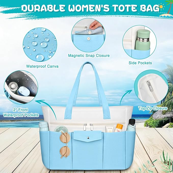 Beach Bags for Women Large Canvas Beach Tote with Zipper Wet Pocket, Waterproof Foldable Swim Pool Travel Tote Bags