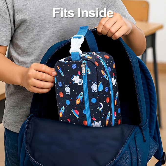 Bagseri Kids Snack Bag Boys - Small Reusable Mini Cooler Pouch, Insulated 3.9L Food Carrier with Buckle Handle for School and Daycare, Fits in Backpack, Blue Space Astronauts