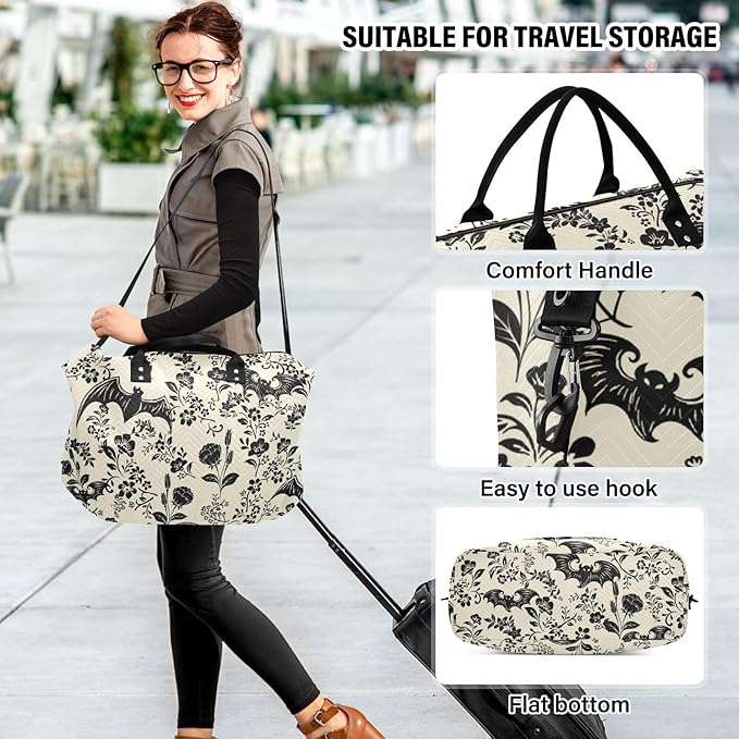 Goth Bat Quilted Travel Bags Weekender Duffle Bags With Toiletry Bag Carry on Overnight Duffels Yoga Gym Bag for Airplanes Business Sports