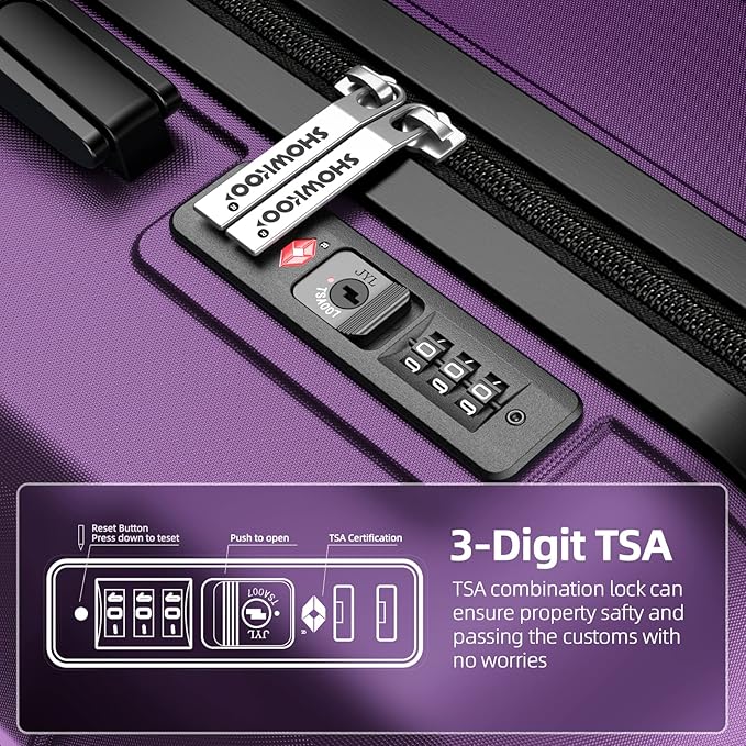 SHOWKOO Luggage Sets Expandable 100% PC Durable Suitcase Sets Double Wheels TSA Lock 4 Piece Luggage Set Purple