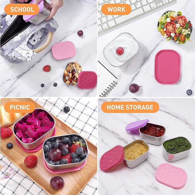 Small (1 CUP) Stainless Steel Snack Containers for Kids | Easy Open Leak Proof Food Containers with Silicone Lids - Perfect Metal Toddler Lunch Box for Daycare and School (8oz)