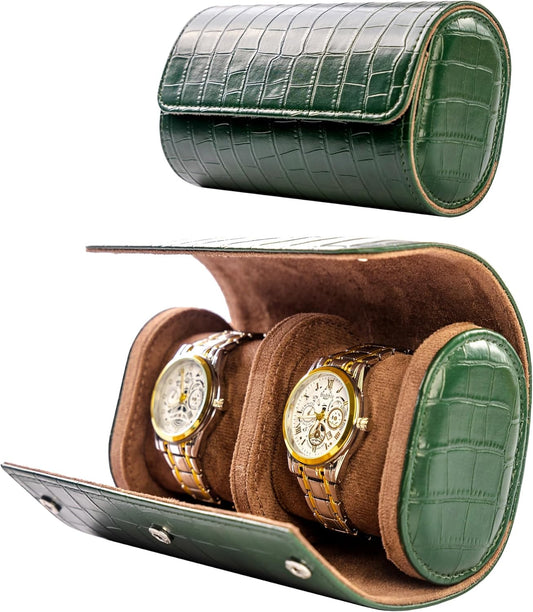 MR.OKAY 2 Watch Travel Case-Classic Leather Watch Case With Superb Texture.(Portable Watch Roll Or Organizer For Storage And Display).Festival Gift For Men, All Handcrafted By Artisans.