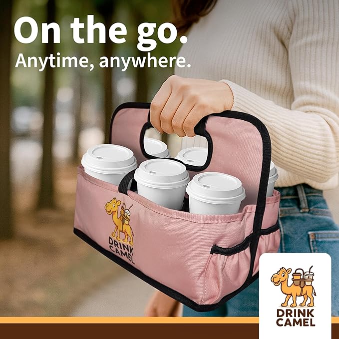Reusable Drink Carrier with Handle, Foldable 6 Cup Drink Holder Carrier for Delivery, Coffee Cup Carrier, Portable Cup Holder Bag for Drinks, to Go Beverage Drink Organizer (Peach)