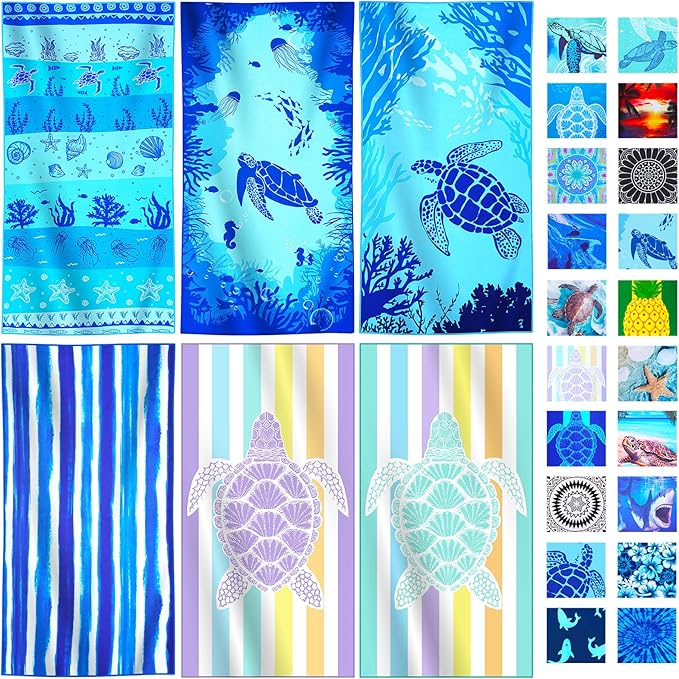 6 Packs Lightweight Thin Microfiber Beach Towel Oversized Quick Dry Compact Sandproof Clearance Towels Sand Free Camping Swimming Pool Easy Pack Travel Adults Turtle Conch Sea Turtle Purple Stripes