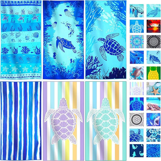 6 Packs Lightweight Thin Microfiber Beach Towel Oversized Quick Dry Compact Sandproof Clearance Towels Sand Free Camping Swimming Pool Easy Pack Travel Adults Turtle Conch Sea Turtle Purple Stripes