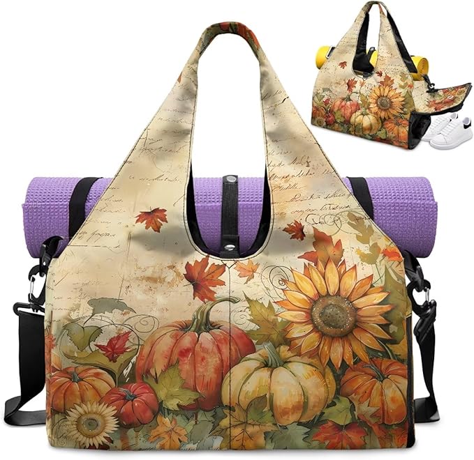 Sunflower Pumpkin Maple Leaf Mini Gym Bag for Women with Yoga Mat Holder Small Duffle Bag Weekender Hospital Workout Carry On Duffel Bags with Shoe Compartment Thanksgiving Decor
