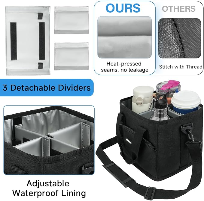 Reusable Drink Carrier with Handle – Insulated, Collapsible 4-Cup Beverage Bag with No-Spill Base, Adjustable Dividers & Shoulder Strap, Portable Caddy for Delivery, Car and Travel, Black