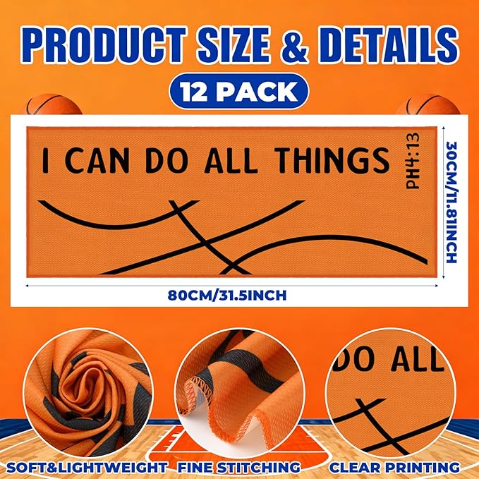 12 Pcs Basketball Cooling Towel Basketball Team Gifts Favors for Men Bible Verse I Can Do All Things Workout Sweat Rags for Neck and Face Microfiber Towel for Gym, Camping, Outdoor Sport