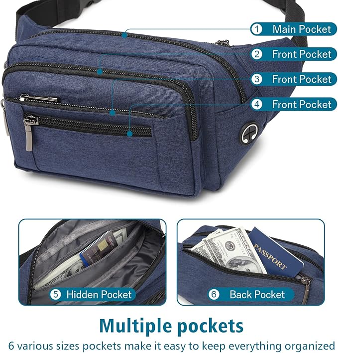 Packism Fanny Packs for Women Men - 6 Pockets Large Crossbody Waist Bag with Adjustable Strap Belt Bag for Travel Running Hiking