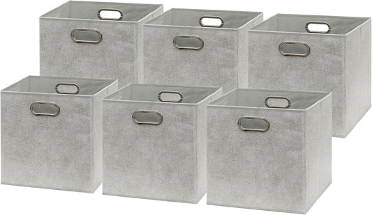 SIMPLE HOUSEWARE 11-Inch Collapsible Fabric Cube Storage Bin with Handles, Printed Design, 6 Pack, Gray