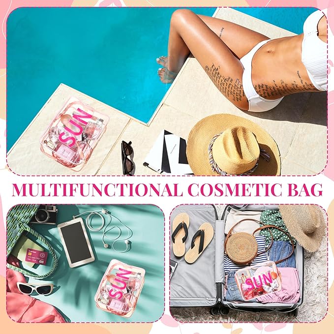 Sun Clear Beach Makeup Bag 9.5" x 7" x 3.5" Large Cosmetic Pouch Pink Travel Toiletry Bag PVC Waterproof Transparent Zippered Organizer for Women Girl Summer