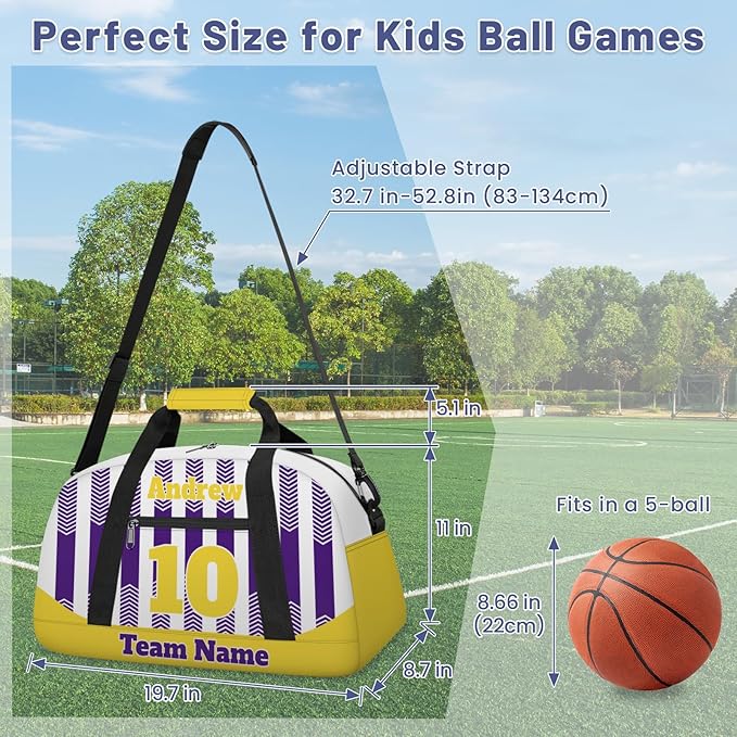 Basketball Soccer Gifts for Boys Girls - Custom Sports Duffle Bag, Personalized Name & Team Bag, Water-Resistant Gym Bag for Basketball, Soccer, Volleyball | Y-Purple Yellow