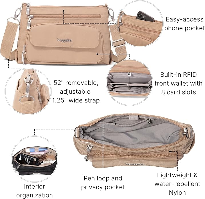Baggallini Original Everyday 11x7.5 Crossbody Bags Rfid Protected Lightweight Nylon Zippered Travel Purse
