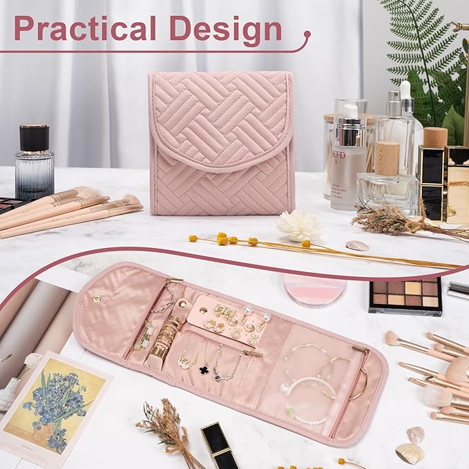 Travel Jewelry Roll Organizer Bag Foldable and Anti-Lost Jewelry Holder Storage for Rings, Necklaces, Bracelets, Earrings and Accessories, Small Pink