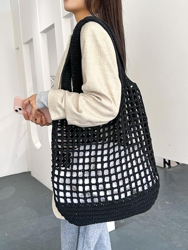 ENBEI Women Foldable Beach Tote, Washable Lightweight Beach Bag, Eco-Friendly Knit Shoulder Purse for Travel/Shopping/Gifts