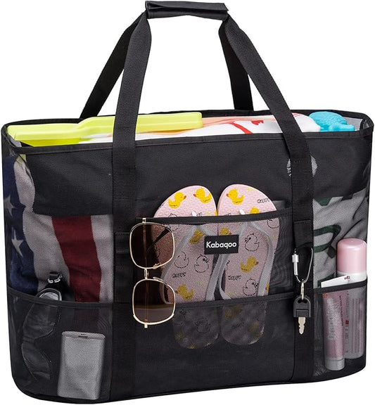 KABAQOO Mesh Beach Bag, Extra Large Beach Bags with 9 Pockets & Zipper Waterproof Lightweight Beach Tote for Beach/Pool Trip | Extra Large, 9 Pockets, Zipper, Waterproof, Lightweight, Beach/Pool Trip